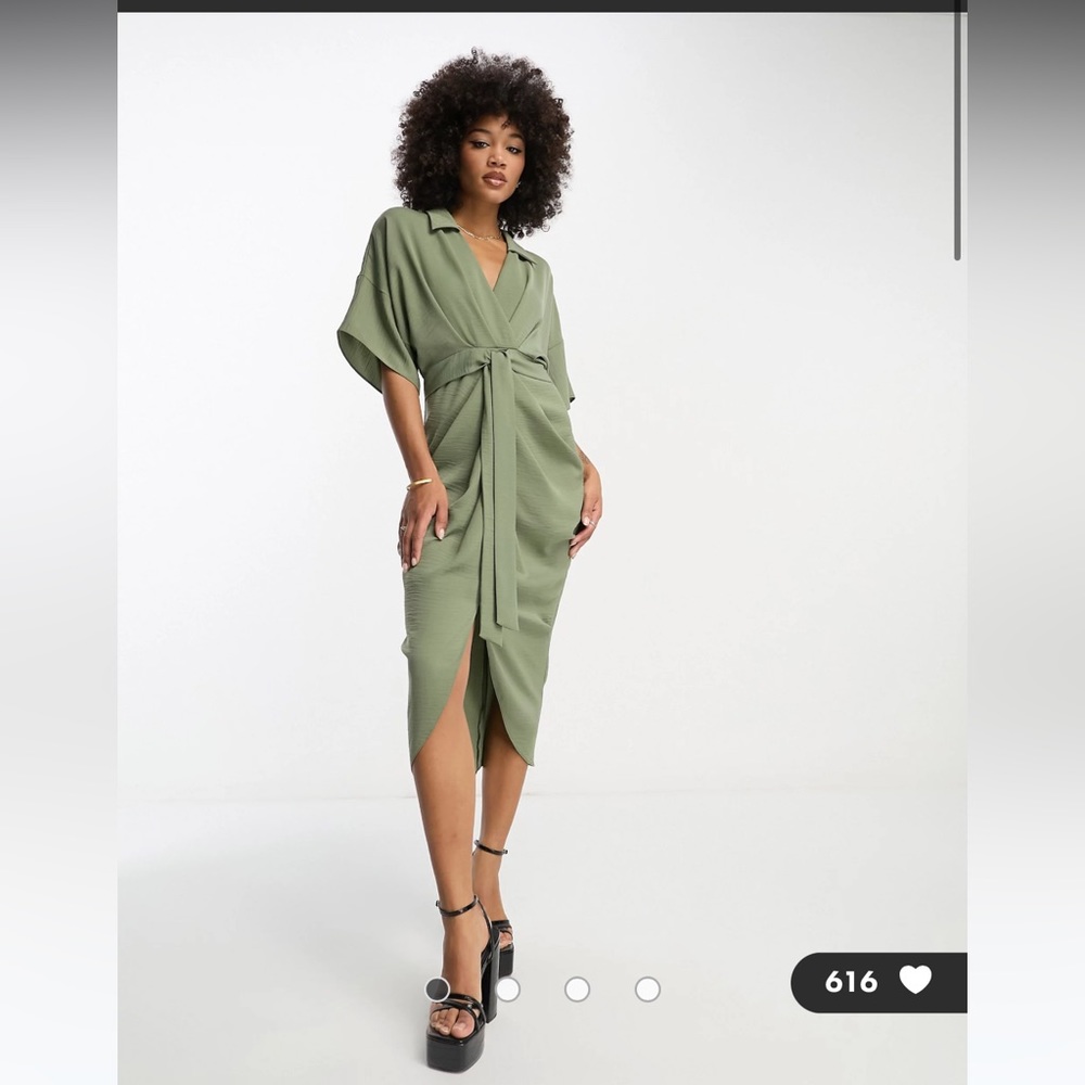 ASOS DESIGN tie waist drop shoulder midi dress with ruched skirt in khaki.